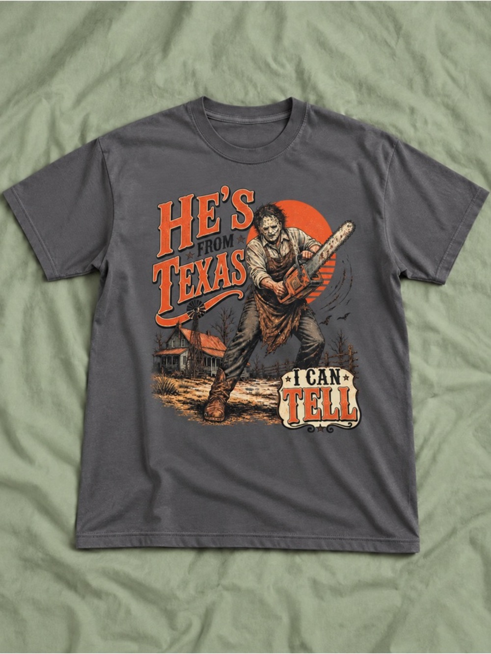He’s From Texas I Can Tell Horror Movie Halloween Gray Graphic T-Shirt